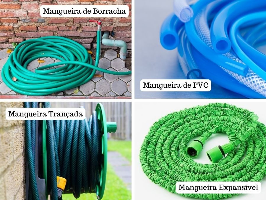 Diferentes tipos de mangueiras de jardim: trançada, de borracha, de pvc e expansível